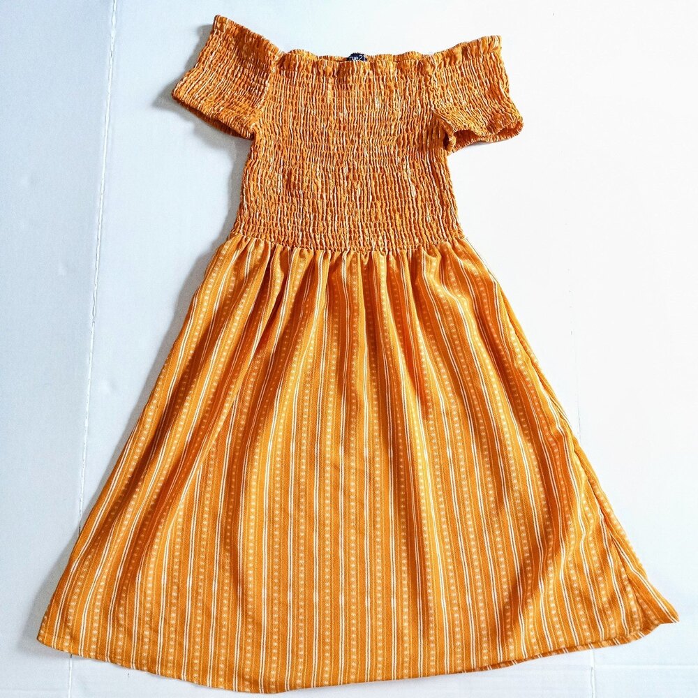 Rue21 Medium Off Shoulder Sundress-Mustard Striped-Smocked Bodice - Boho